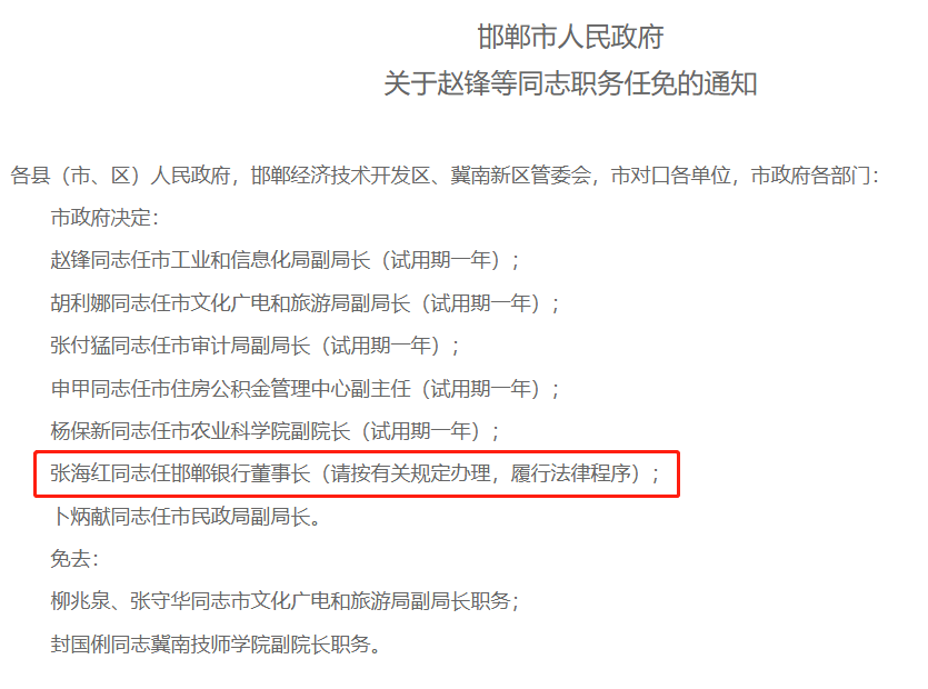邯郸银行行长张海红接任董事长职务