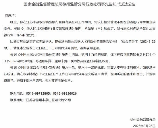 江苏丰县农村商业银行两名员工因信贷管理不到位遭禁业处罚